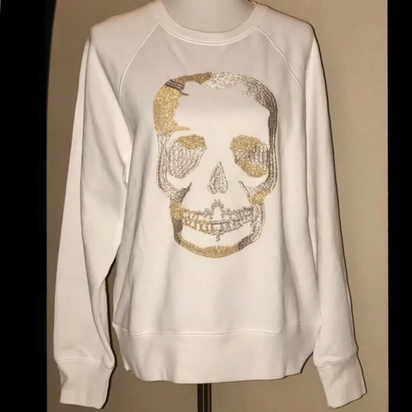 🎉HP🎉NEW Zadig And Voltaire White Upper Gold/Slv Glitter Skull Sweatshirt Sz M✨ - Picture 6 of 13